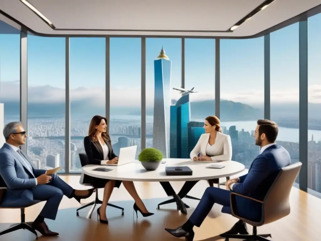 Inversores internacionales dialogan con agentes inmobiliarios argentinos en oficina moderna con detalles argentinos Inversores internacionales se reúnen con agentes inmobiliarios argentinos en una oficina moderna, con paisajes icónicos