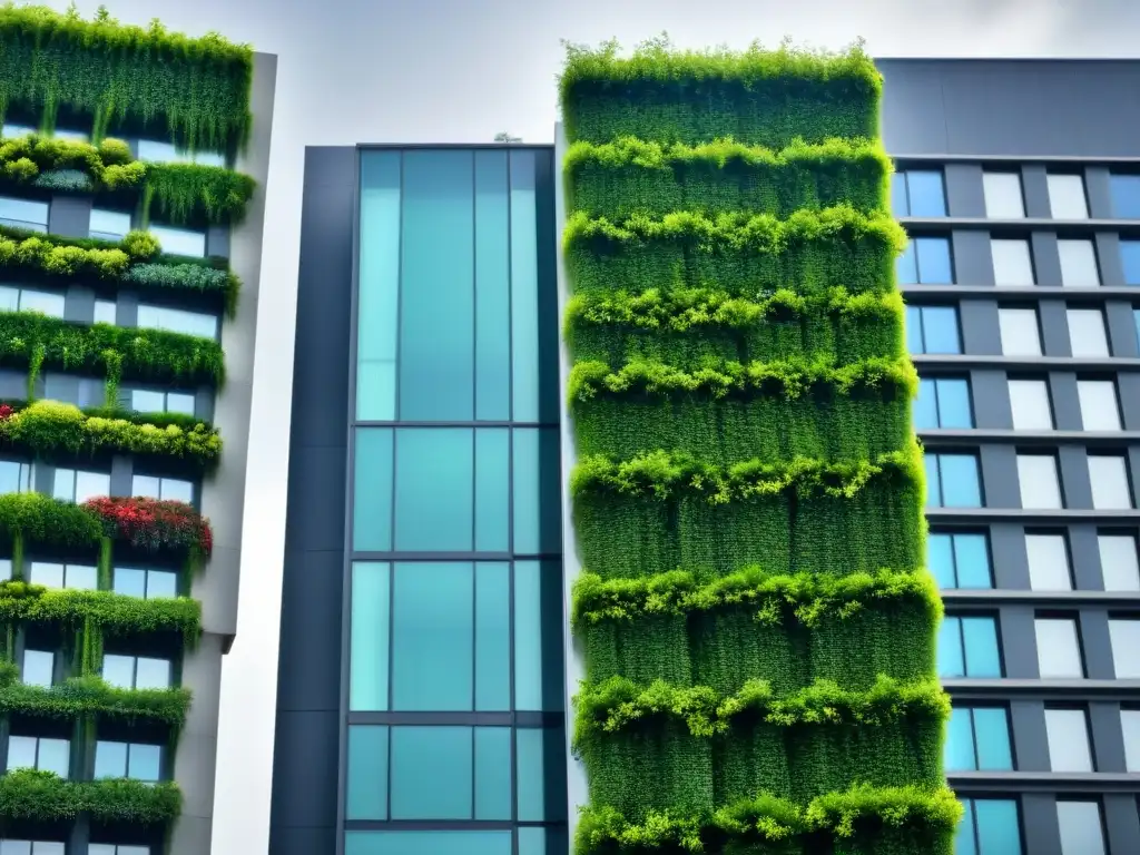 Fachada de rascacielos cubierta de jardines verticales vibrantes en 8k Jardinería vertical para edificios: Fachada moderna cubierta de exuberantes jardines verticales, integrando naturaleza en la arquitectura urbana