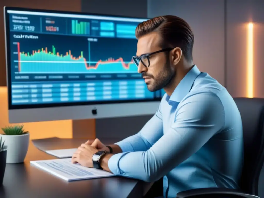 Analista financiero calculando proyecciones inmobiliarias en holograma 8k Joven analista financiero usando interfaz holográfica para calcular flujo caja inversiones inmobiliarias en oficina futurista
