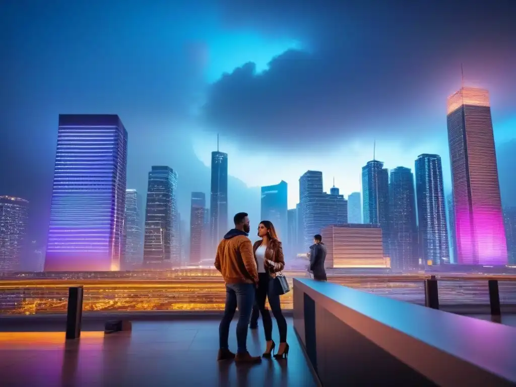 Vibrante ciudad al atardecer: jóvenes consultan con asesor financiero Una joven pareja consulta con un asesor financiero en un bullicioso paisaje urbano al anochecer, rodeados de rascacielos iluminados por luces neón