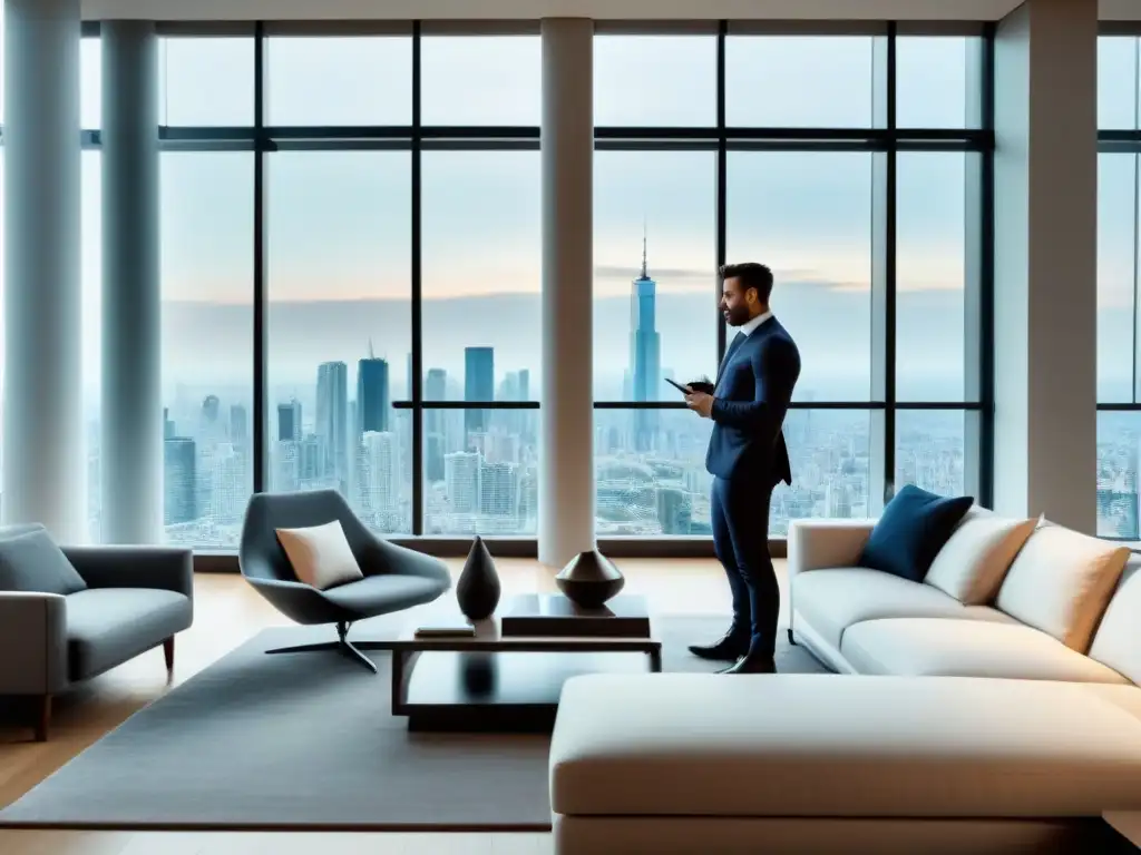 Inversión inmobiliaria: joven profesional en lujoso apartamento urbano Un joven profesional en un lujoso apartamento de alto standing, con vista a la ciudad, simboliza la inversión en vivienda vs