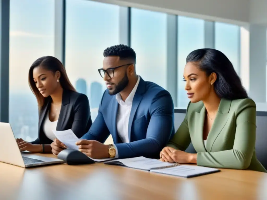 Jóvenes decidiendo hipoteca con asesor financiero en oficina moderna Jóvenes adultos diversificados en oficina moderna, discuten opciones hipotecarias con asesor financiero