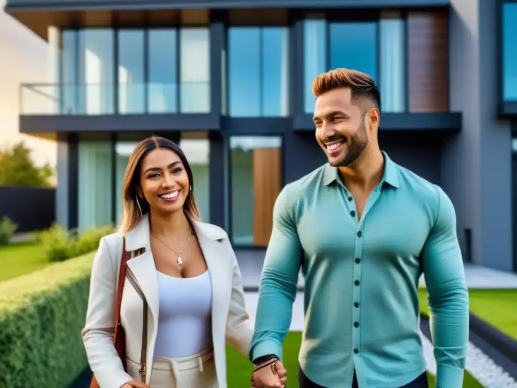 Felicidad en nuevo hogar: pareja sonriente con llaves de casa moderna Jóvenes felices frente a su nueva casa moderna, sosteniendo llaves