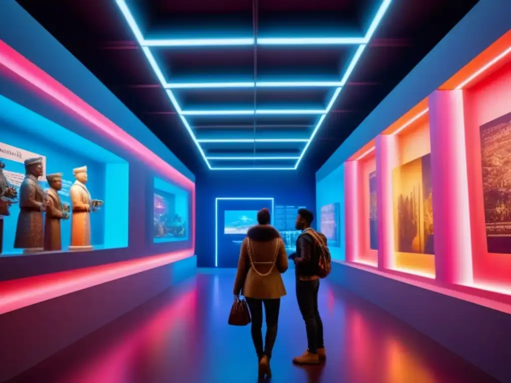 Jóvenes conectando con la cultura en un museo futurista Jóvenes en museo futurista interactúan con reliquias, uniendo patrimonio cultural y tecnología