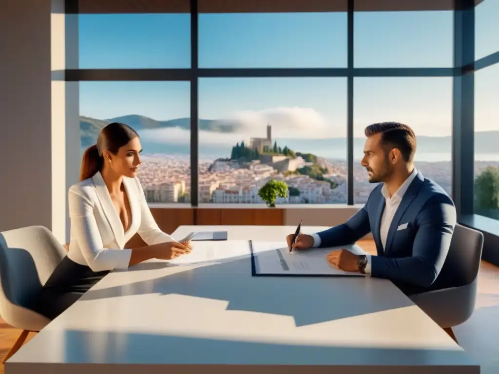 Reunión de compradores en apartamento de lujo en España Jóvenes pareja y agente inmobiliaria discuten en moderno piso en España
