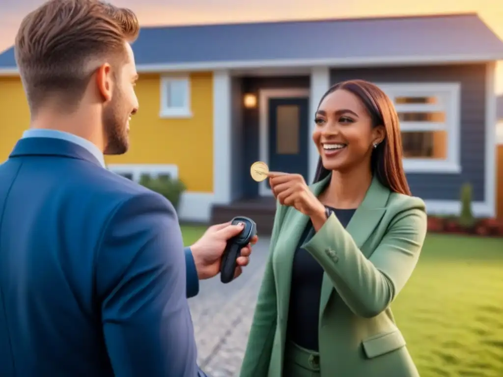 Emotiva entrega de llaves a pareja en su primer hogar Jóvenes pareja recibe llaves de primera casa con agente inmobiliario
