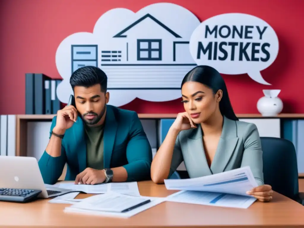 Jóvenes pareja planeando su primera casa con determinación Jóvenes pareja planeando comprar su primera casa, evitando errores financieros