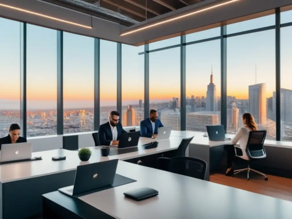 Oficina moderna: jóvenes profesionales colaborando en coworking Jóvenes profesionales en un bullicioso espacio de coworking en un moderno edificio de oficinas, con vistas a la ciudad