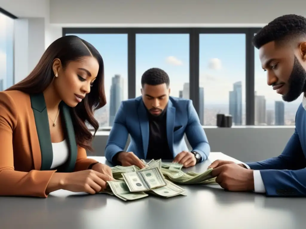 Equipo diverso cuenta dinero para casa: determinación y ambición Jóvenes profesionales cuentan dinero y documentos financieros en equipo, con determinación y diversidad, en una oficina luminosa