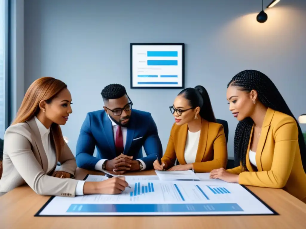 Profesionales diversos discuten opciones hipotecarias en oficina moderna Jóvenes profesionales diversificados discuten ventajas hipoteca conjunta primera compra en oficina moderna