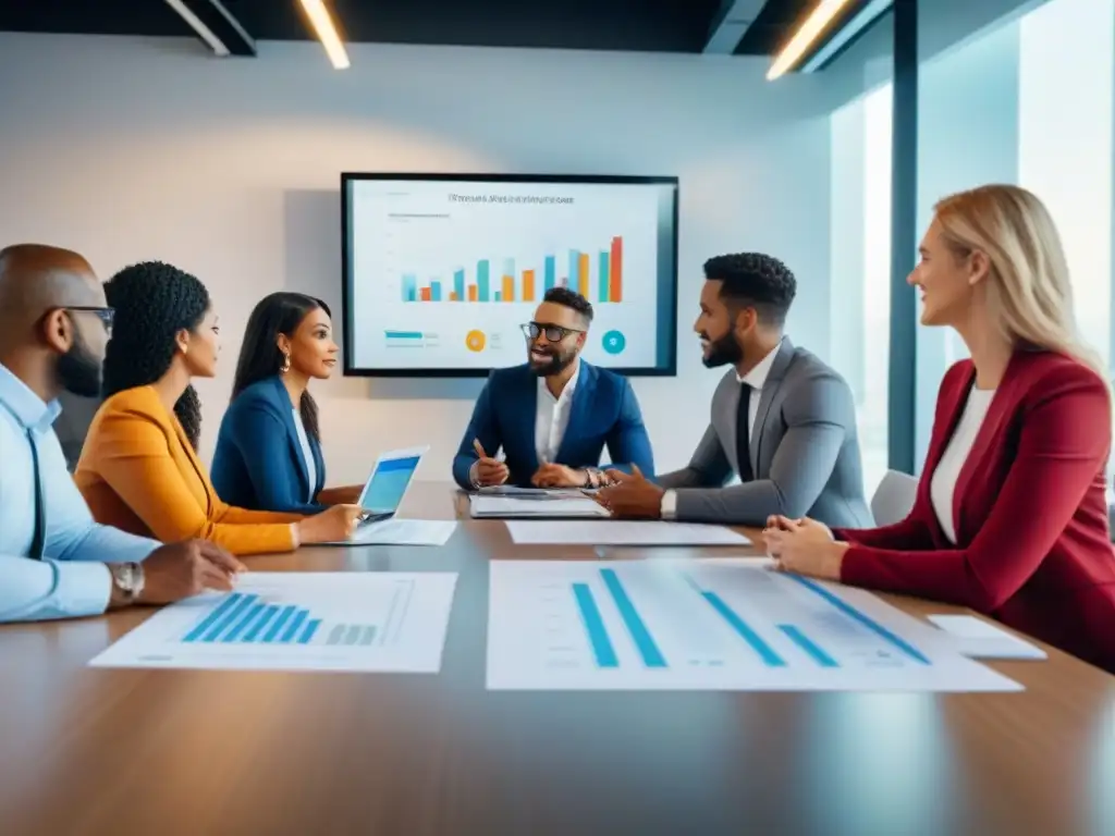 Jóvenes profesionales debaten impacto de tasas de interés en inmobiliaria Jóvenes profesionales debatiendo sobre efectos de tasas de interés en compra inmobiliaria en moderna oficina luminosa