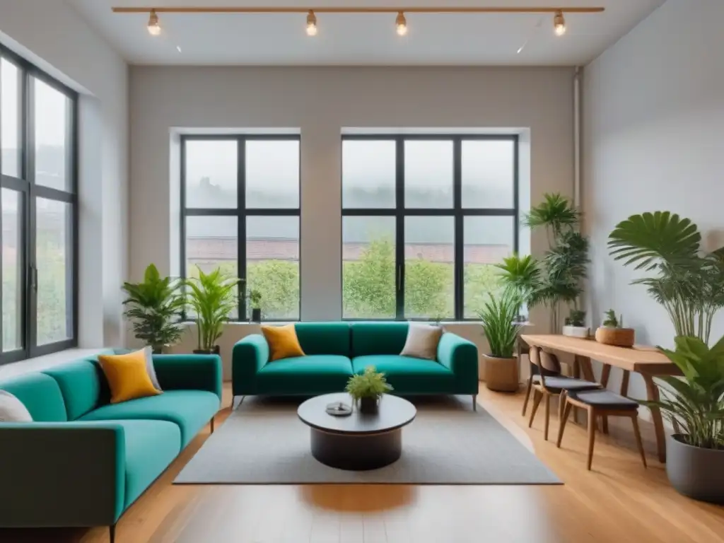 Espacio común acogedor en coliving: bienestar y comunidad Jóvenes profesionales disfrutan de un espacio comunitario en coliving, transmitiendo beneficios de bienestar y salud mental