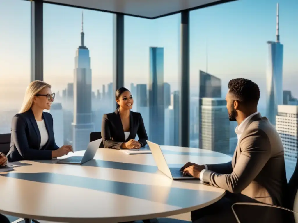 Jóvenes profesionales debatiendo estrategias de inversión inmobiliaria en oficina moderna Jóvenes profesionales discuten estrategias de inversión inmobiliaria en una oficina moderna, reflejando energía y colaboración