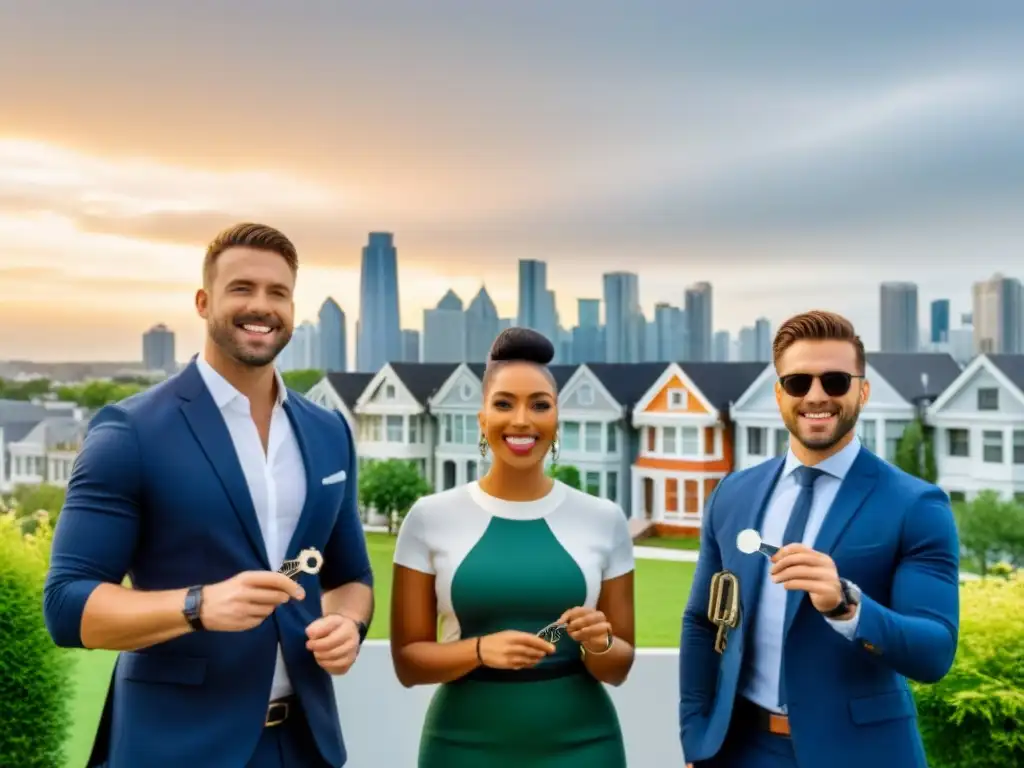Jóvenes profesionales celebran su primer hogar en la ciudad Jóvenes profesionales felices con llaves frente a modernas casas, reflejando los efectos de las tasas de interés en la compra inmobiliaria