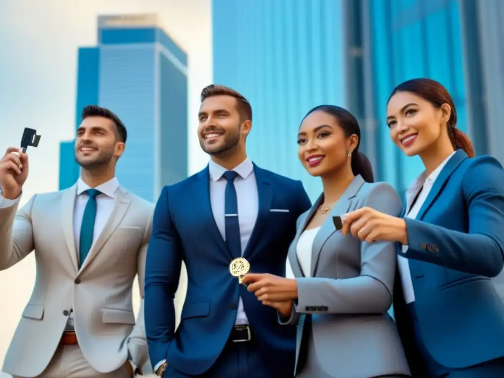 Jóvenes profesionales con llaves de su nuevo hogar frente a bancos modernos Jóvenes profesionales con llaves de casa frente a modernos bancos