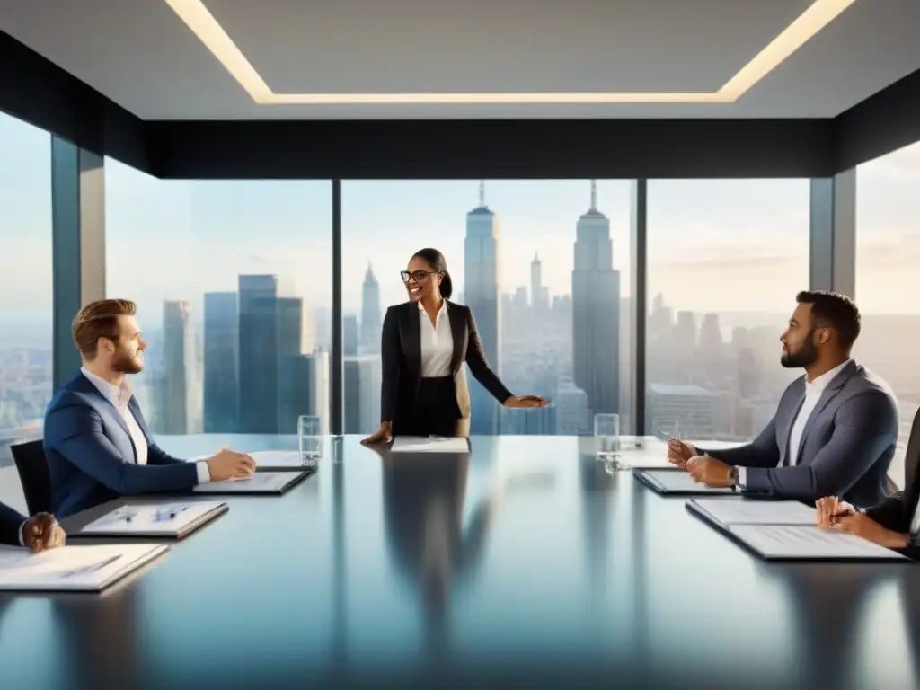 Profesionales jóvenes discuten con entusiasmo en moderna oficina Jóvenes profesionales discutiendo en una oficina moderna con vista a la ciudad