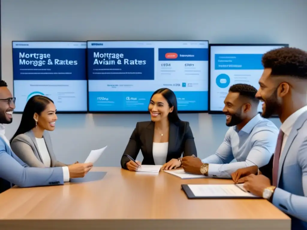 Profesionales diversos discutiendo opciones hipotecarias en oficina moderna Jóvenes profesionales diversos discuten opciones de créditos hipotecarios para primerizos con asesores bancarios en una oficina moderna