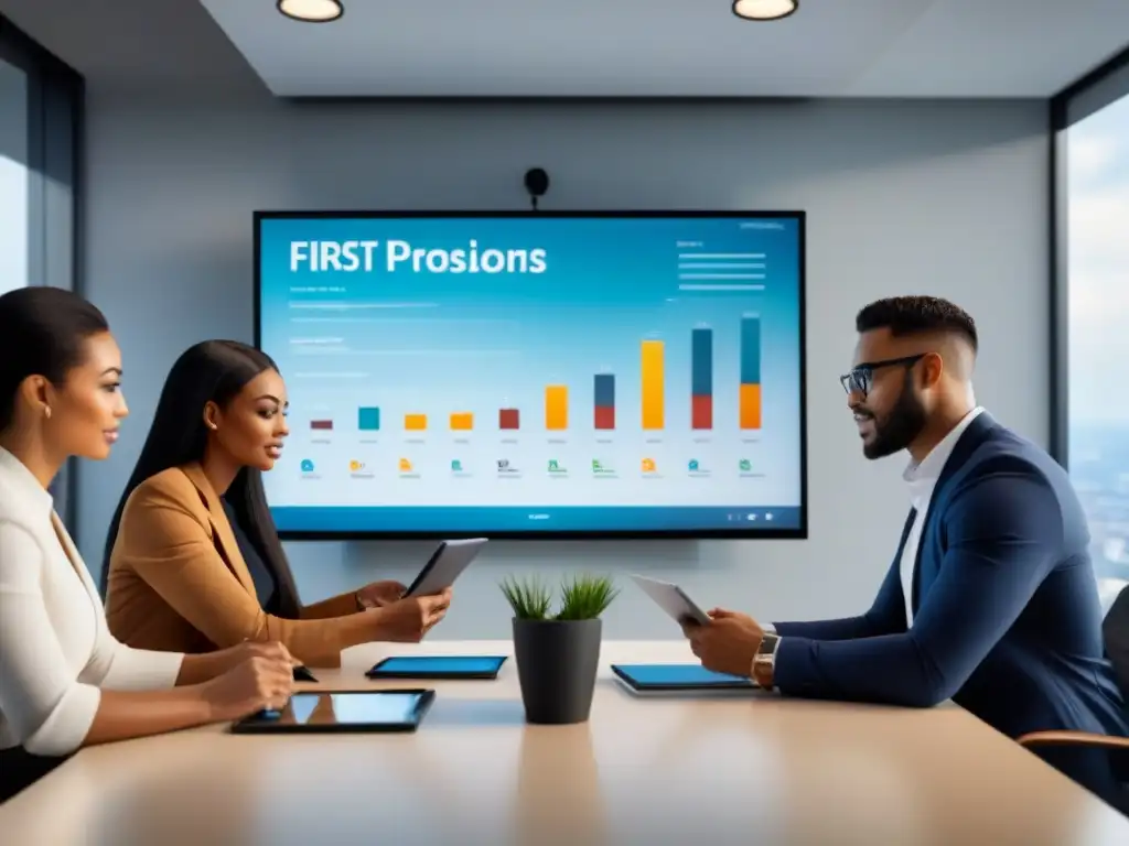Reunión innovadora de profesionales en oficina contemporánea Jóvenes profesionales innovando en soluciones alternativas para primeros inversionistas inmobiliarios en una oficina contemporánea y luminosa