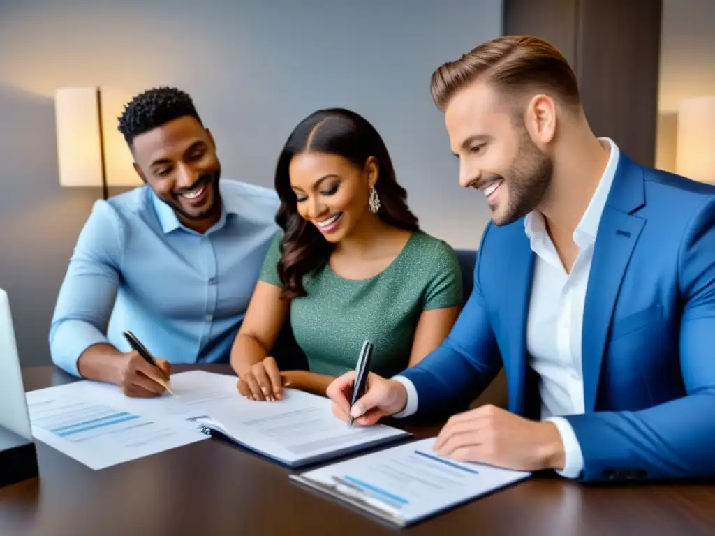 Jóvenes firmando hipoteca en oficina moderna Jóvenes firmando seguros hipotecarios para primera casa con agente inmobiliario en oficina moderna y elegante