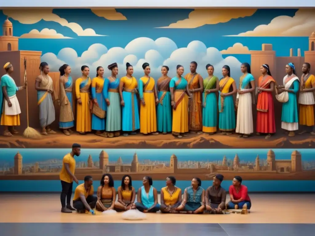 Jóvenes unidos preservando cultura en mural vibrante Jóvenes unidos preservando patrimonio cultural en museo contemporáneo