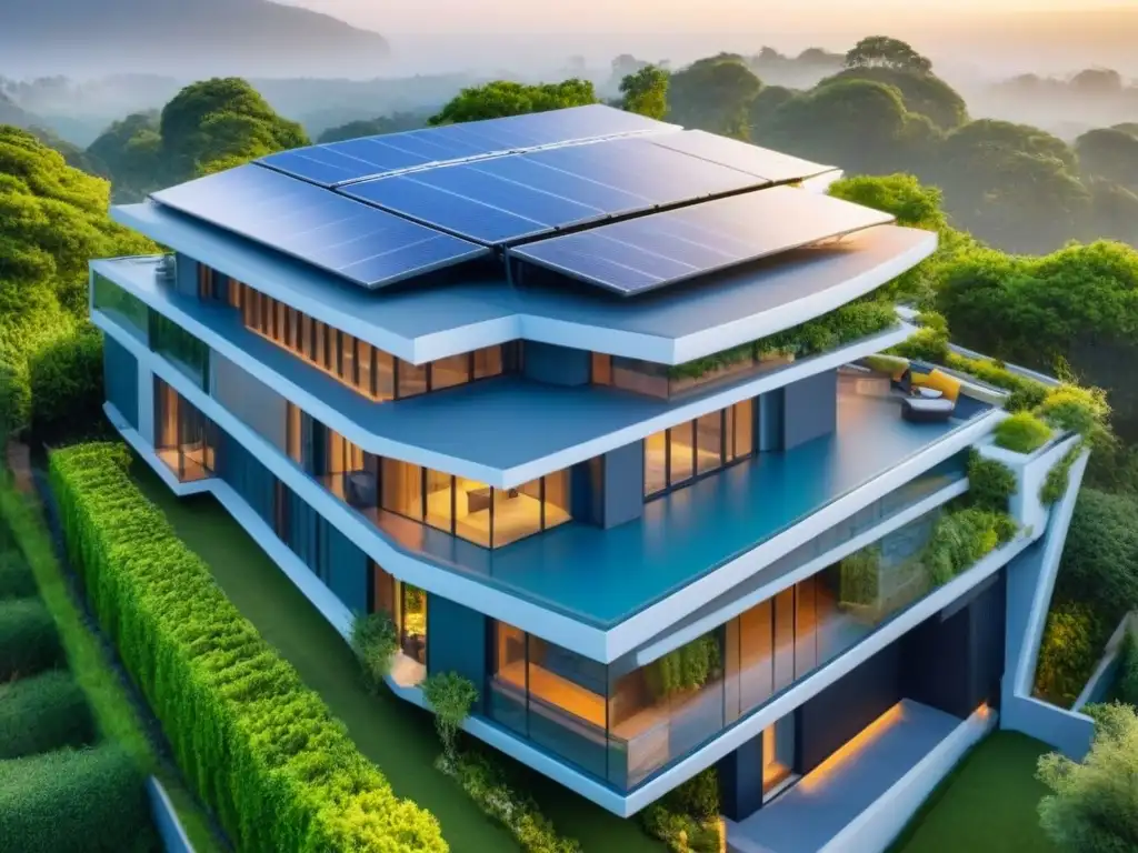 Edificio sostenible con paneles solares y diseño vanguardista Una joya arquitectónica ecoamigable con paneles solares y vegetación, fusionando tecnologías verdes con modernidad