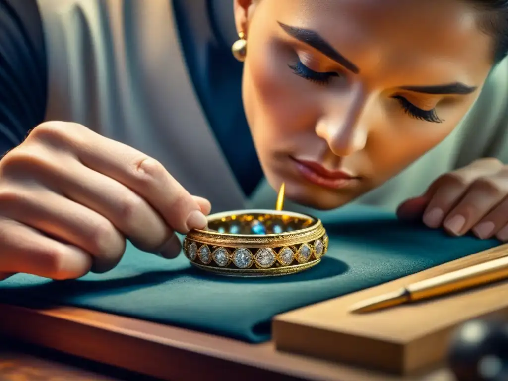 Restauración experta de joyería histórica: detalle y maestría Un joyero experto restaura joya histórica con meticulosidad bajo intensa luz