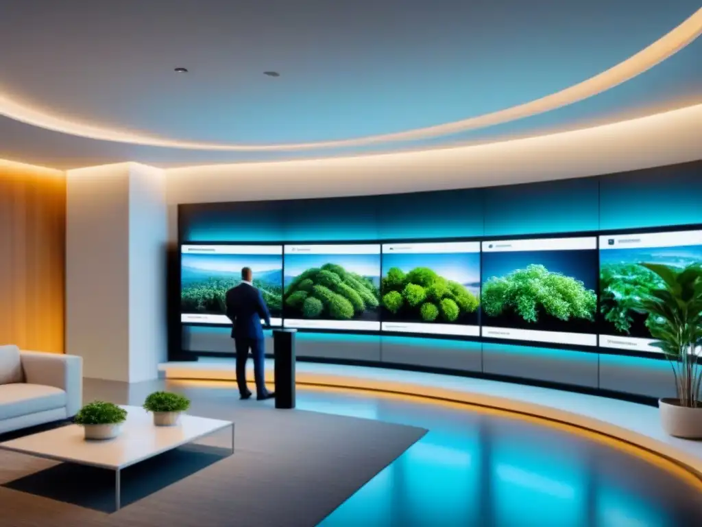 Oficina futurista con marketing automation en la industria inmobiliaria Un lobby futurista con tecnología de vanguardia y estrategias efectivas de marketing inmobiliario