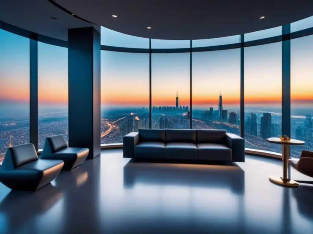 Oficina futurista y sofisticada con vista panorámica a la ciudad Un lobby futurista con vista a la ciudad, muebles contemporáneos y tecnología de vanguardia