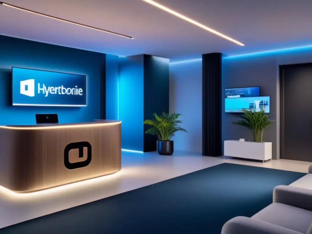 Oficina de lujo con chatbot futurista en agencia inmobiliaria de alta gama Un lobby moderno de inmobiliaria con un chatbot futurista