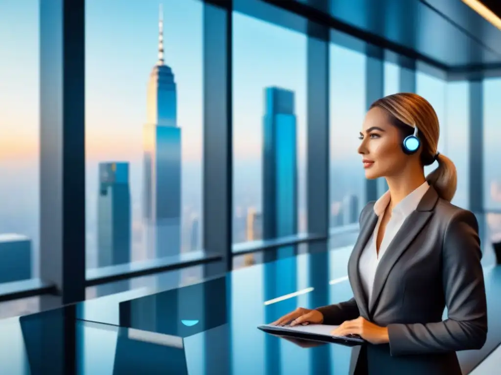 Recepción futurista: chatbot interactúa con clientes de bienes raíces Un lobby ultramoderno con paredes de vidrio reflejando la ciudad, un chatbot inmobiliario interactuando con clientes diversos
