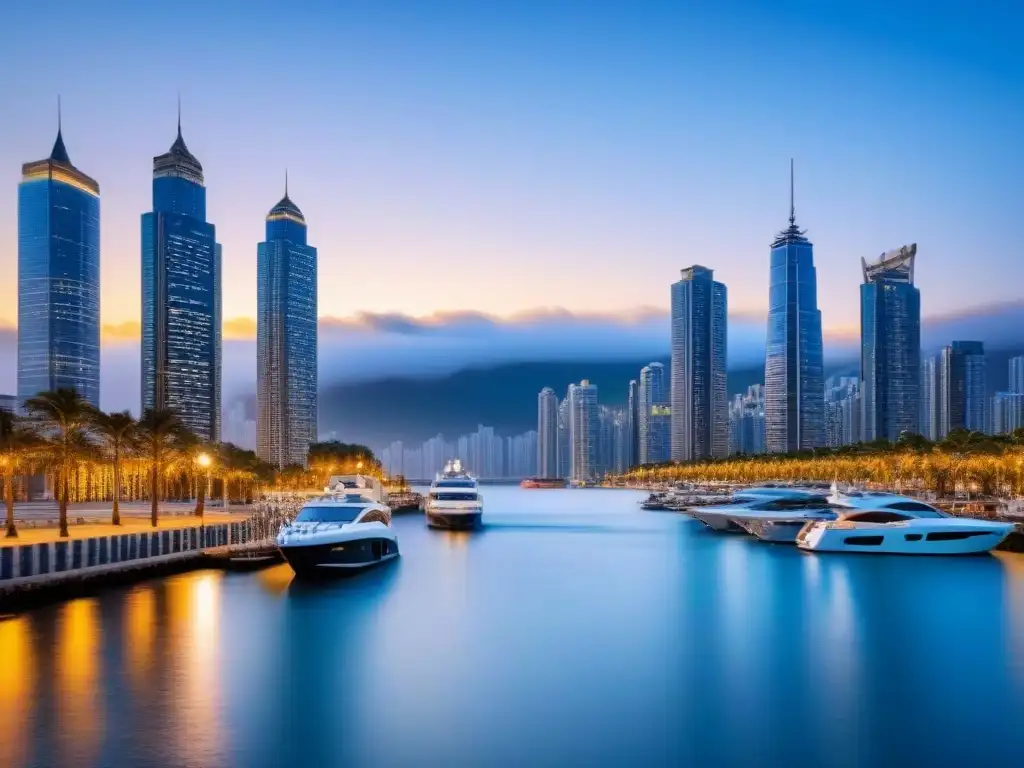 Horizonte urbano moderno al atardecer: inversión global y elegancia Luces de ciudad al atardecer, reflejos dorados en rascacielos de cristal