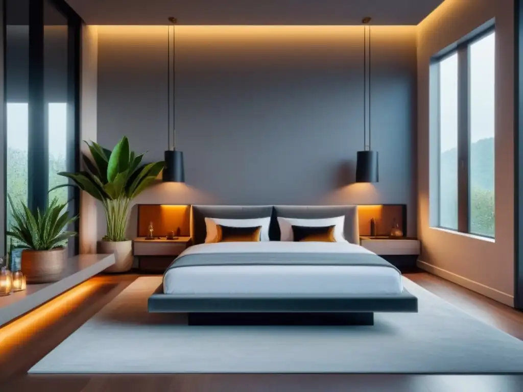 Diseño sostenible y lujo en dormitorio moderno Diseño y decoración de lujo en dormitorio moderno con elementos sostenibles y elegancia minimalista