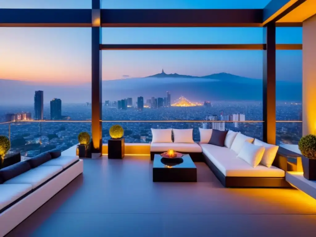 Balcon de penthouse de lujo en CDMX al atardecer Balcon de lujo en penthouse con vista a la vibrante Ciudad de México al atardecer, exudando sofisticación y exclusividad