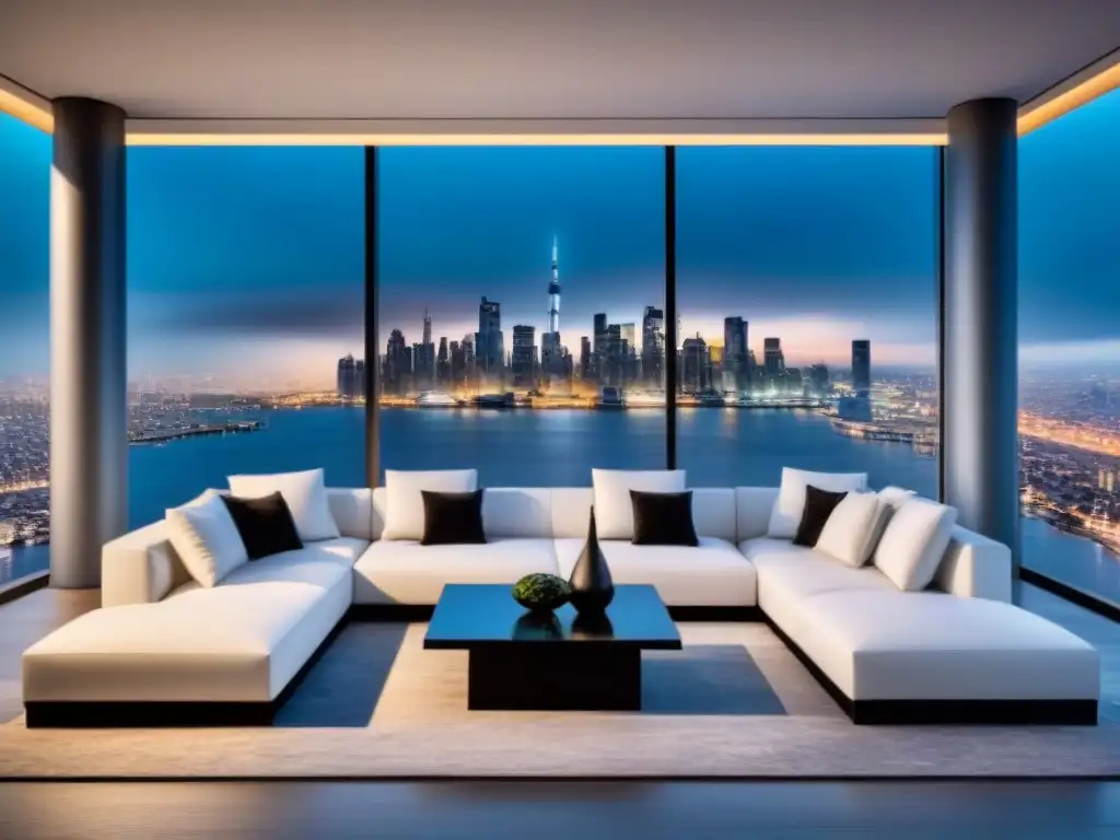 Salón de lujo con vistas nocturnas a la ciudad Diseño y decoración de lujo en sala moderna con vista nocturna de la ciudad