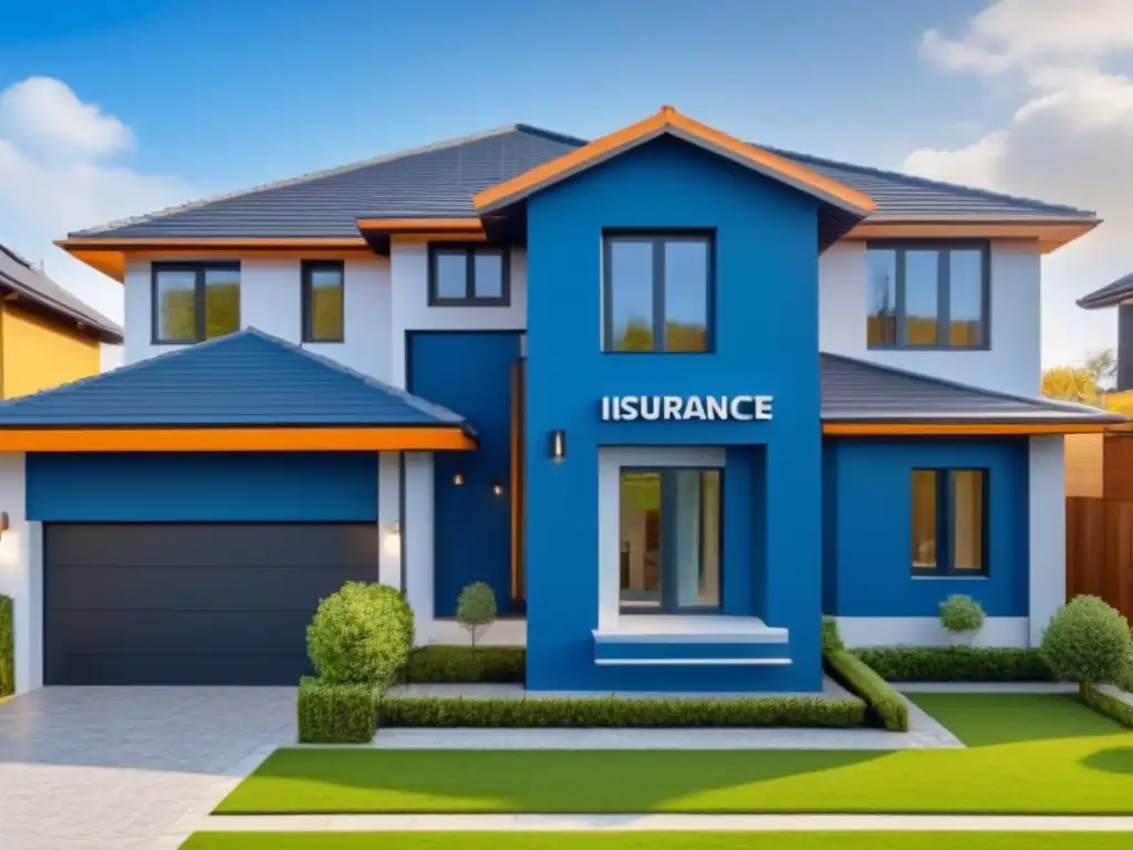 Seguro de hogar integral: Protección de lujo para tu tranquilidad Una lujosa casa moderna rodeada de etiquetas de seguro flotantes, conectadas para ilustrar la protección integral de una póliza de seguro de vivienda