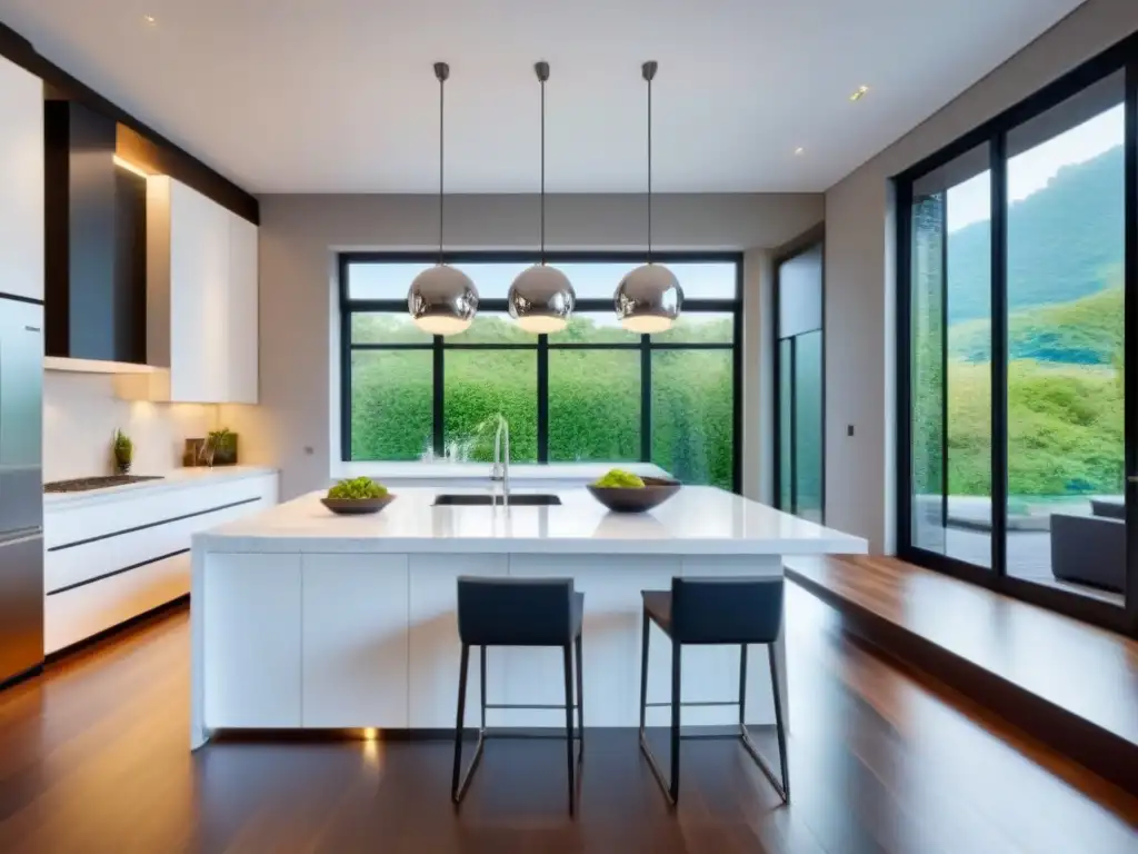 Renovación de cocina de lujo con mármol blanco y diseño minimalista Renovación lujosa de cocina con encimeras de mármol blanco, electrodomésticos de acero inoxidable y isla central