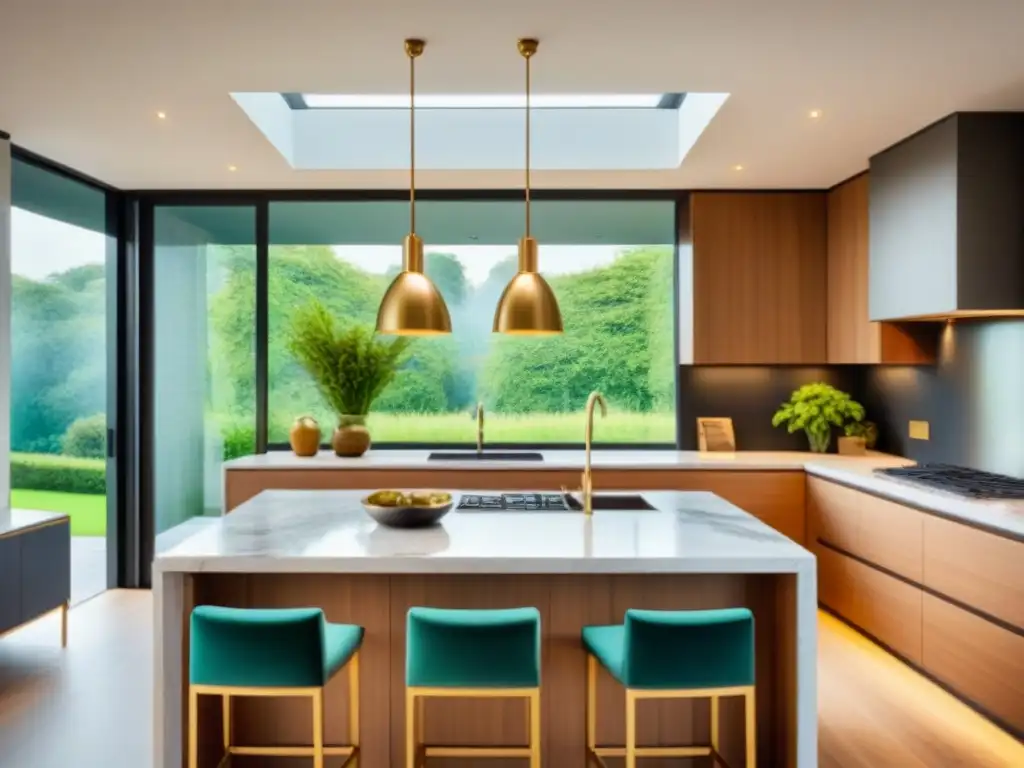 Renovación de cocina de lujo con isla y vista al jardín Una lujosa renovación de cocina con encimeras de mármol, electrodomésticos de acero inoxidable y una isla grande con iluminación colgante moderna