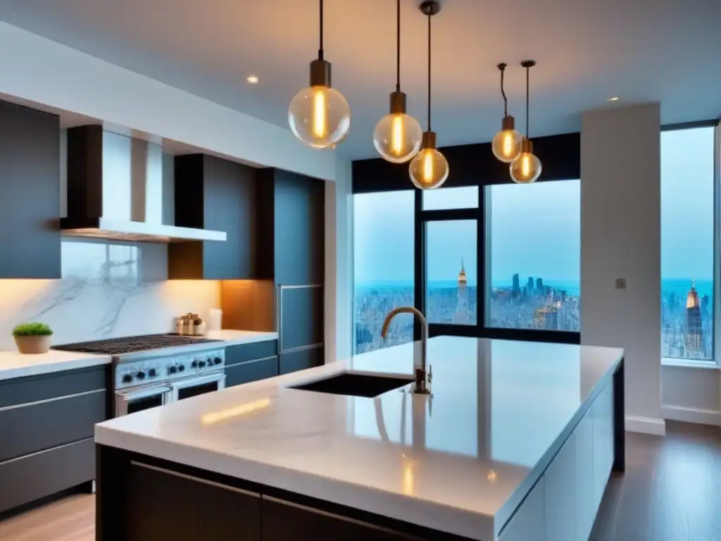 Cocina de lujo en casa renovada: elegancia y modernidad Una lujosa cocina moderna en una casa renovada con electrodomésticos de acero inoxidable, isla de mármol y vista panorámica de la ciudad