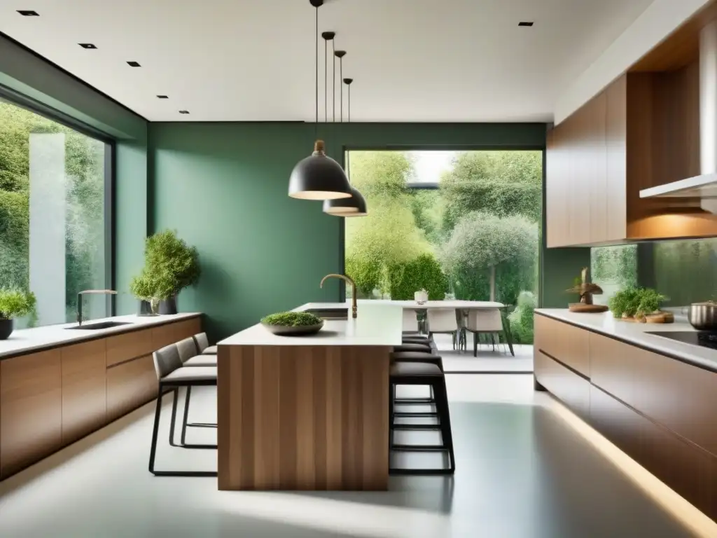 Cocina de lujo ecofriendly con vistas al jardín Una lujosa cocina moderna con electrodomésticos y encimeras certificados verdes, bañada por luz natural y vistas a un exuberante jardín