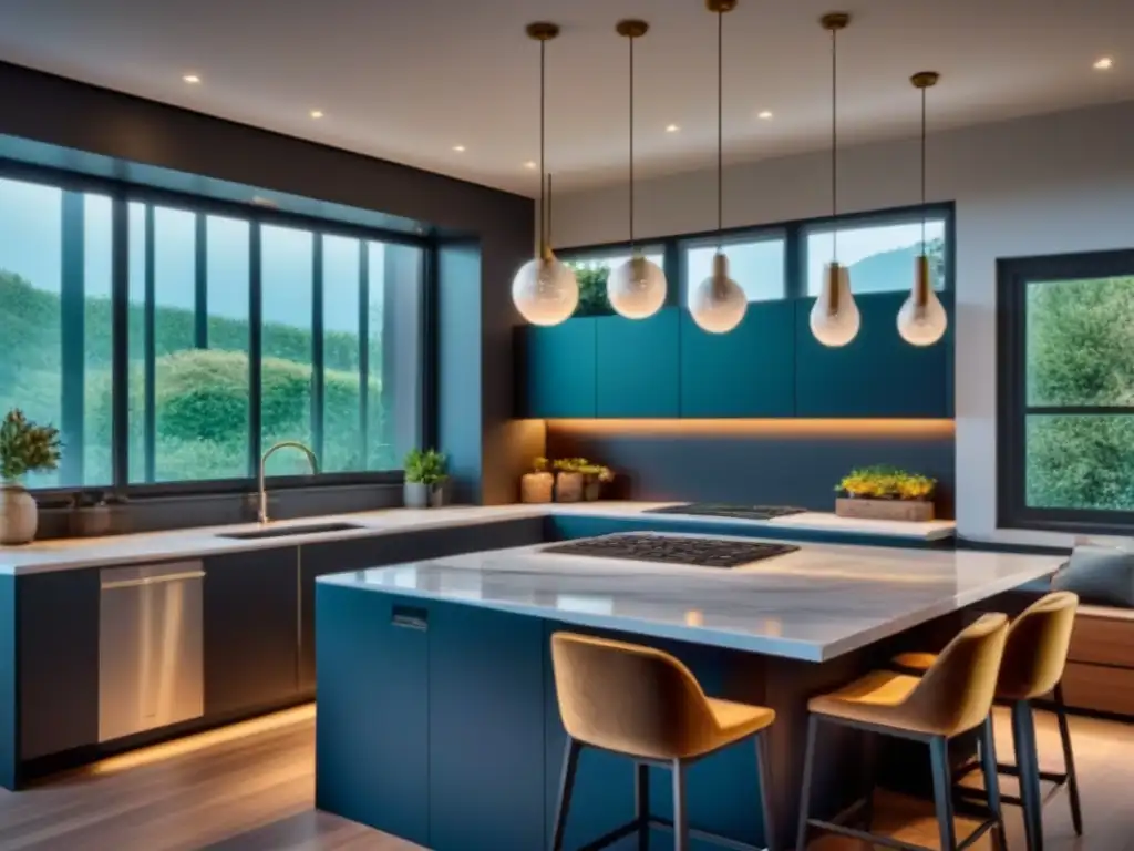 Cocina moderna de lujo con mármol blanco y elegante diseño Una lujosa cocina moderna con elegante diseño, iluminada por luz natural