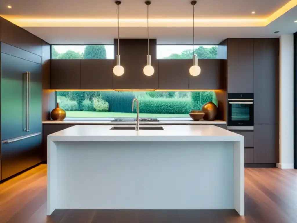 Cocina moderna de lujo con isla amplia y luminosa Una lujosa cocina moderna con elegantes encimeras blancas, electrodomésticos de acero inoxidable y una isla grande con iluminación colgante elegante