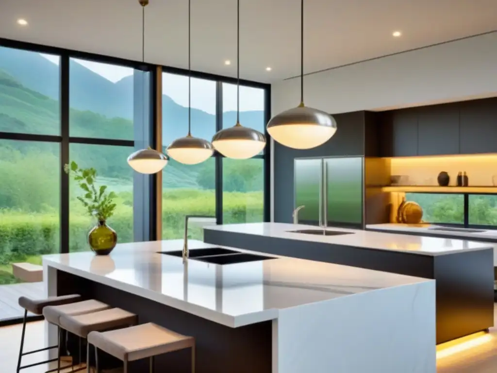 Diseño de cocina moderna y lujosa: inspiración para el mercado inmobiliario Una lujosa cocina moderna con gabinetes blancos, encimeras de mármol y electrodomésticos de acero inoxidable