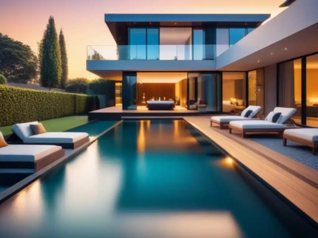 Mansión de lujo con diseño arquitectónico moderno y elegante Una lujosa mansión moderna con diseño arquitectónico elegante, piscina exterior y jardín paisajístico