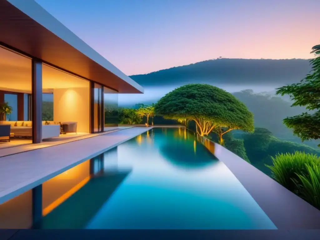 Una lujosa mansión moderna con ventanales que van de piso a techo, con vistas a una piscina infinita impecable y exuberante paisajismo verde