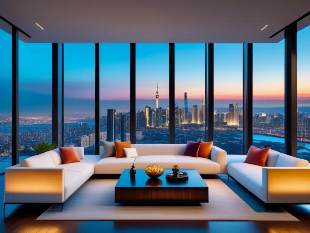 Exclusivo penthouse de lujo con vistas a la ciudad al anochecer Una lujosa penthouse moderna con tecnología de vanguardia en una ciudad emergente al anochecer