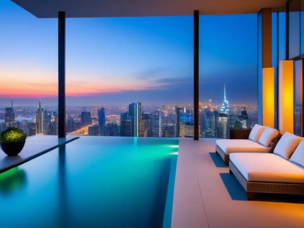 Penthouse de lujo con piscina infinita en la ciudad al atardecer Una lujosa penthouse moderna con vista a la ciudad al anochecer, muebles contemporáneos, arte elegante y una terraza con piscina infinita