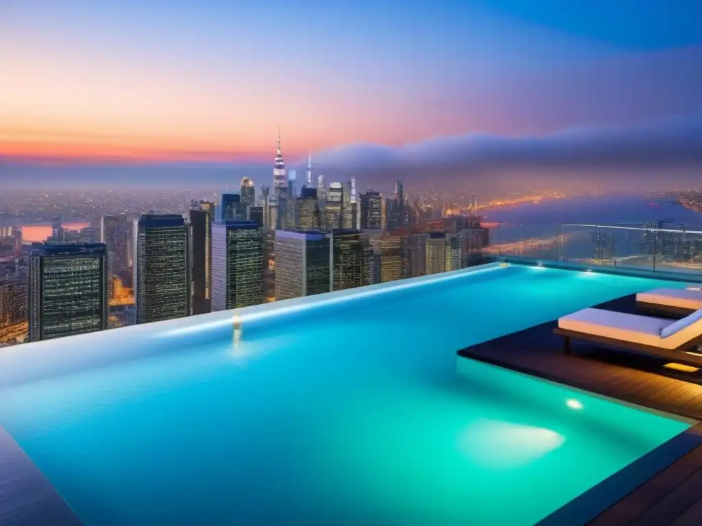 Penthouse de lujo con infinity pool y vistas panorámicas Una lujosa penthouse moderna con vistas a la ciudad, mobiliario contemporáneo y una terraza con piscina y vistas panorámicas