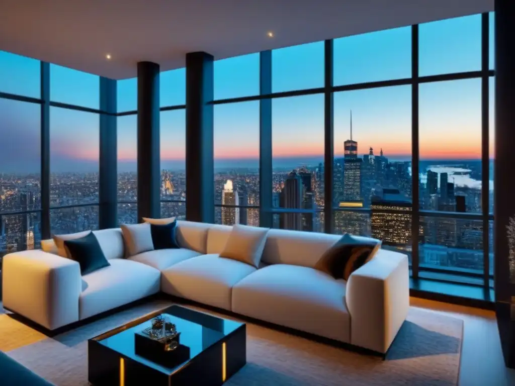 Recorrido virtual de penthouse de lujo en 8k Explora la lujosa sala de estar de un ático con vista a la ciudad