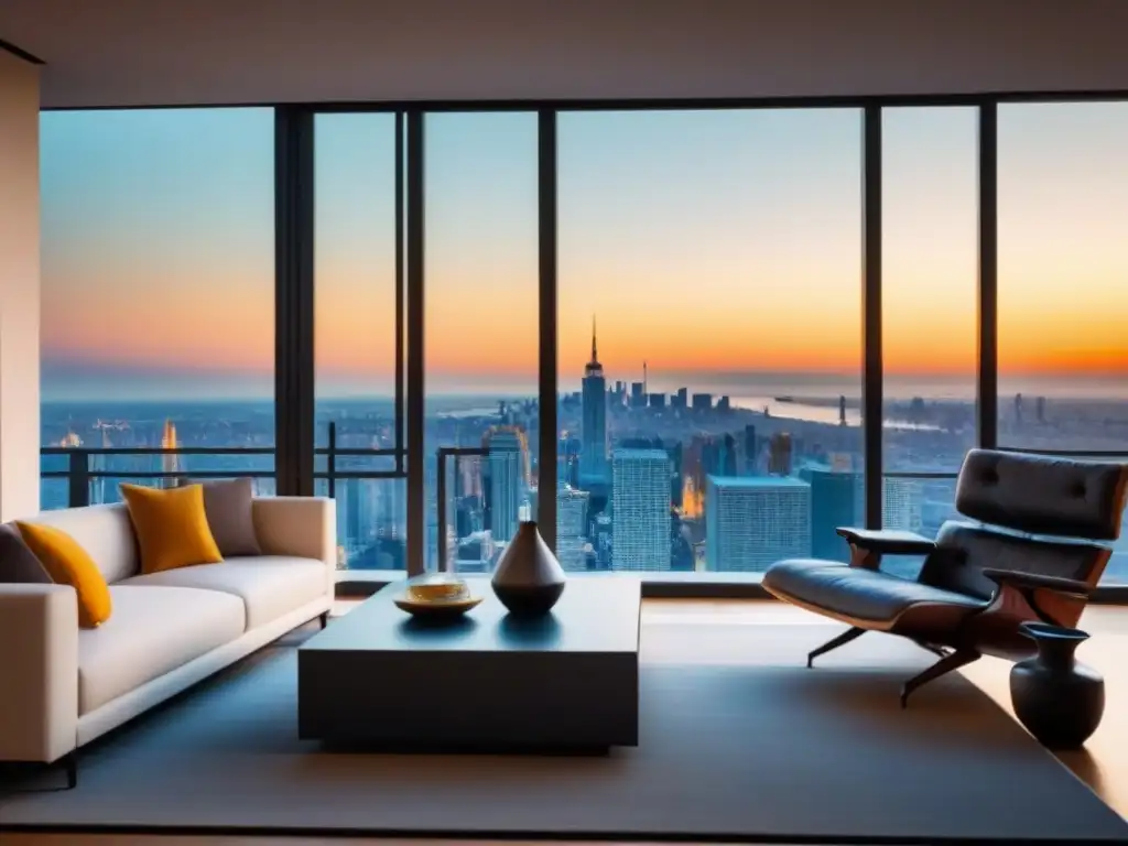 Sala de estar de lujo con vista a la ciudad al atardecer Una lujosa sala de estar moderna en un apartamento de gran altura con vista a un horizonte urbano al atardecer