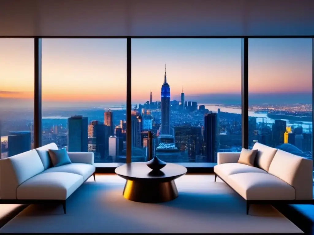 Salón de lujo en penthouse con vistas panorámicas Una lujosa sala de estar moderna en un ático con vista a la ciudad, muebles elegantes y arte sofisticado